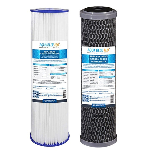 Aqua Blue H20 Twin Caravan filter system cartridge set 1 pleated and 1 carbon block - WATER FILTER DISTRIBUTORS