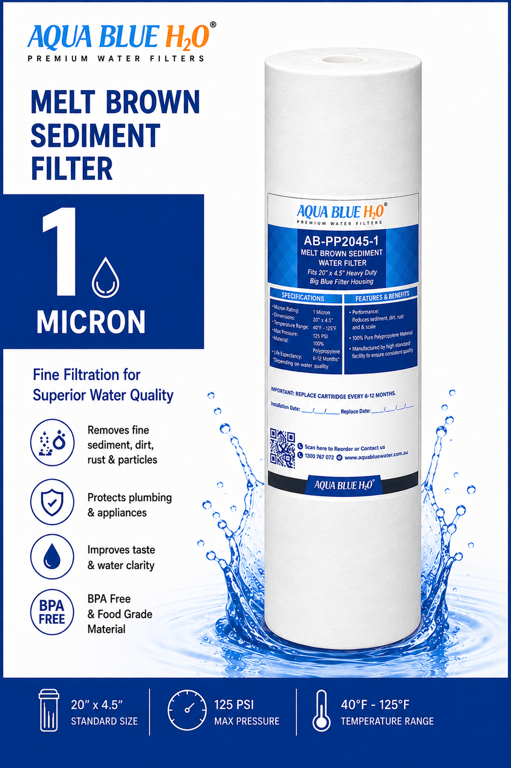 Aqua Blue H2O 20" x 4.5" Big Blue PP Sediment Filter Cartridge ABPP-2045 - WATER FILTER DISTRIBUTORS
