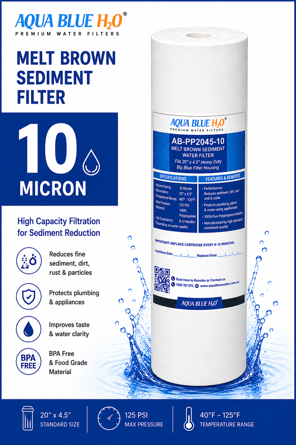 Aqua Blue H2O 20" x 4.5" Big Blue PP Sediment Filter Cartridge ABPP-2045 - WATER FILTER DISTRIBUTORS