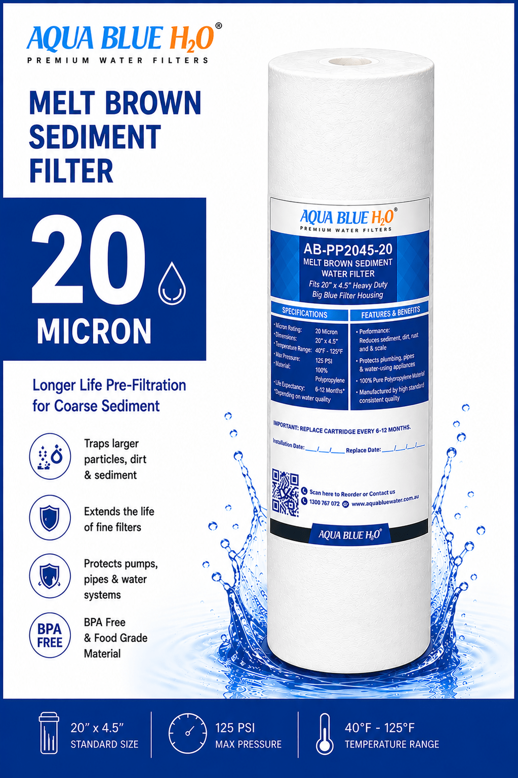 Aqua Blue H2O 20" x 4.5" Big Blue PP Sediment Filter Cartridge ABPP-2045 - WATER FILTER DISTRIBUTORS
