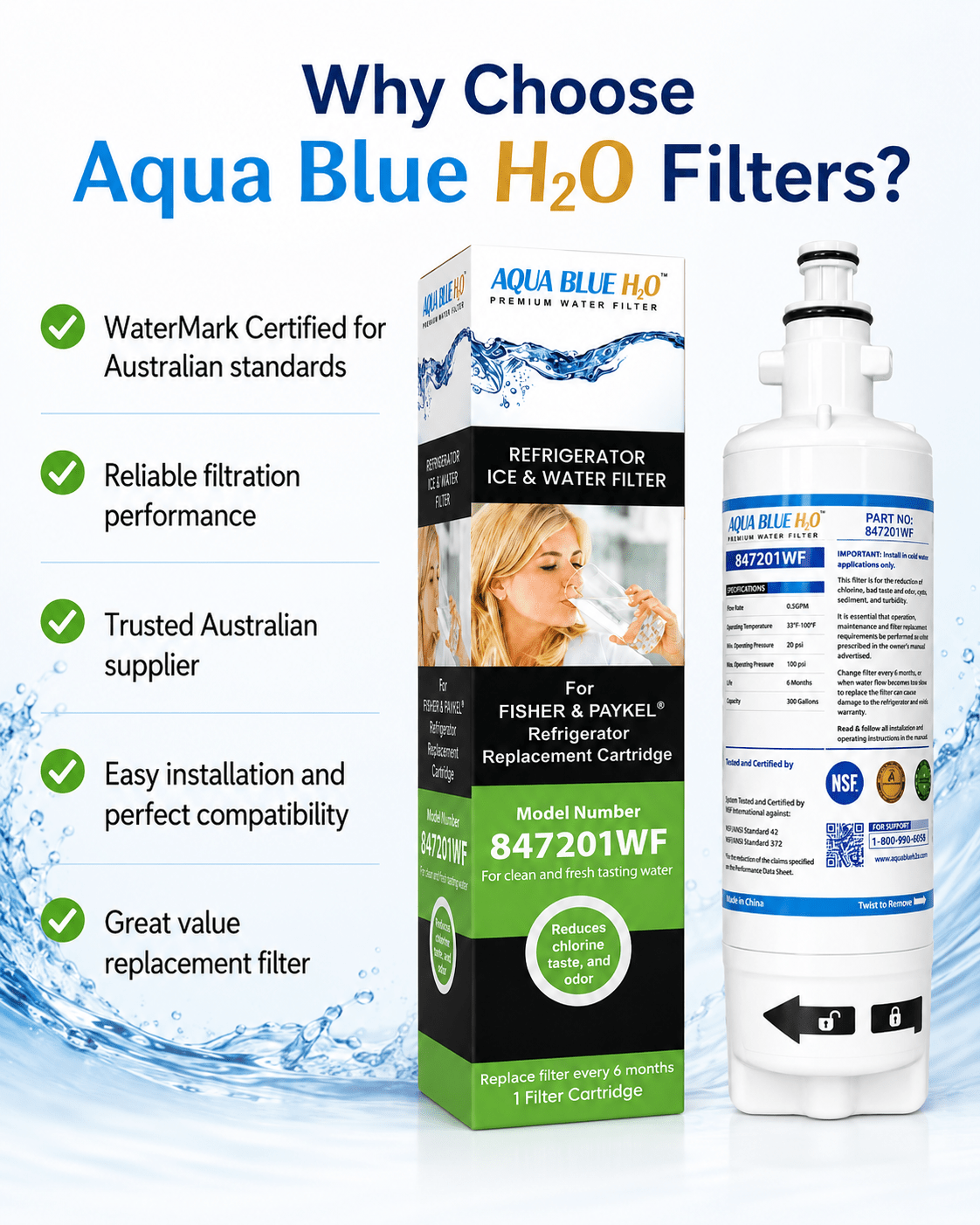 Aqua Blue H2O 847201-WF Fridge Water Filter Replacement Cartridge Image