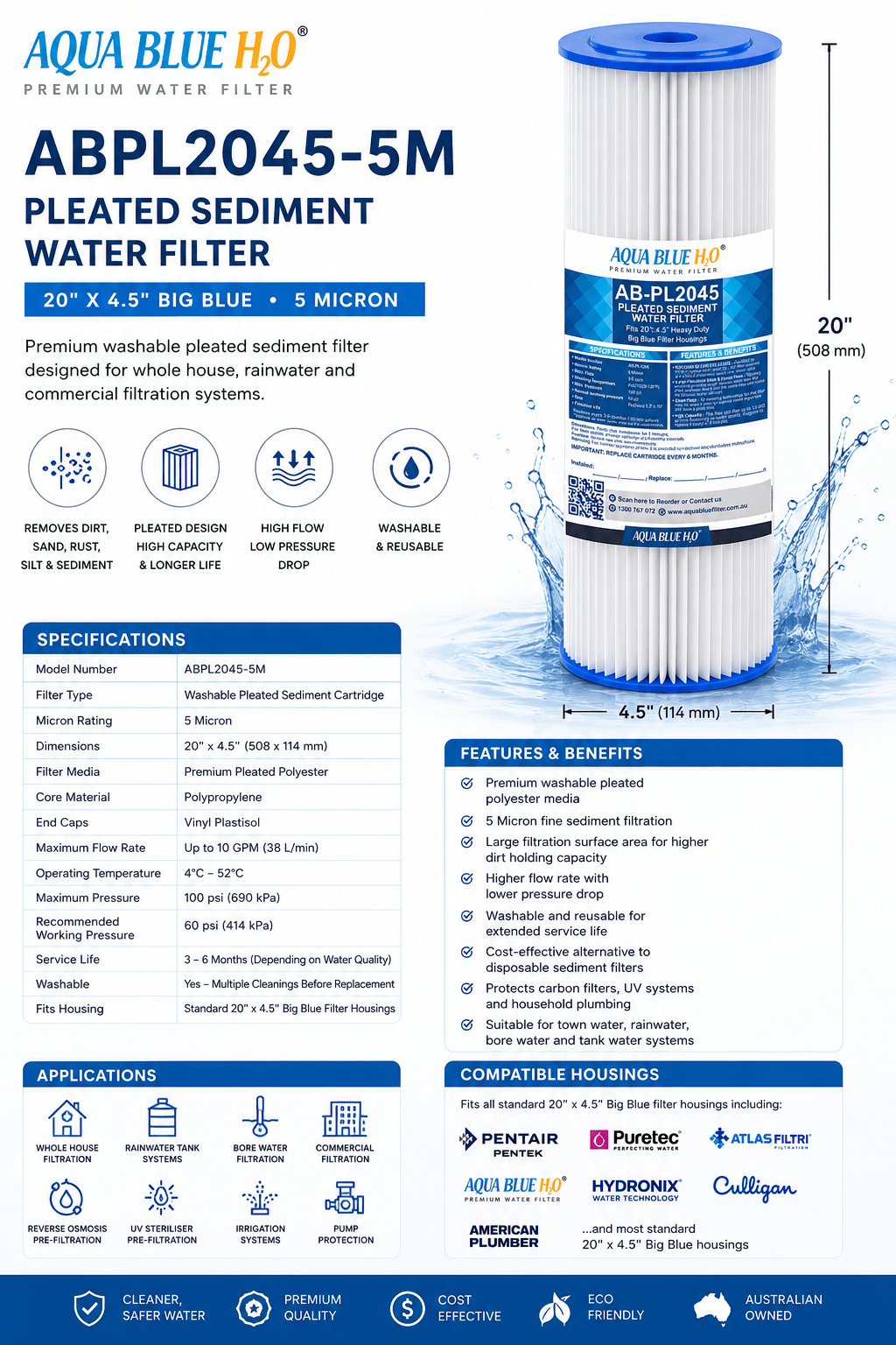 Big Blue 20"x4.5" Whole House CTO Carbon Block 5M, Pleated Sediment Water Filter 2 Pcs Set - WATER FILTER DISTRIBUTORS