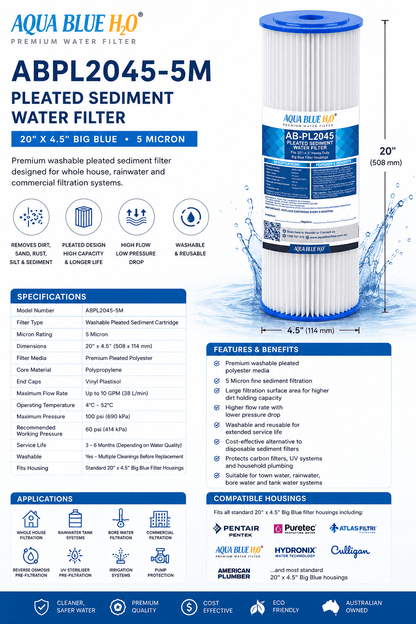 Big Blue 20"x4.5" Whole House CTO Carbon Block 5M, Pleated Sediment Water Filter 2 Pcs Set - WATER FILTER DISTRIBUTORS