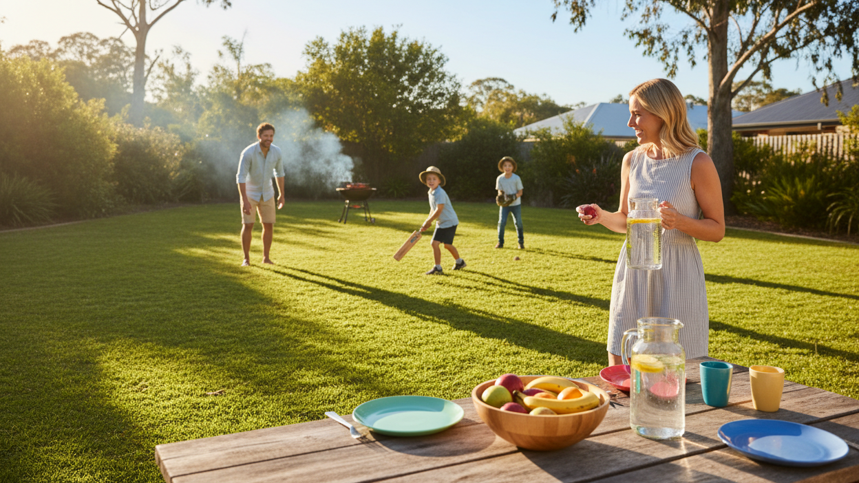 Dad and family playing cricket in the backyard and mother bringing fresh clear filtered water out on to the picnic table near a bbq