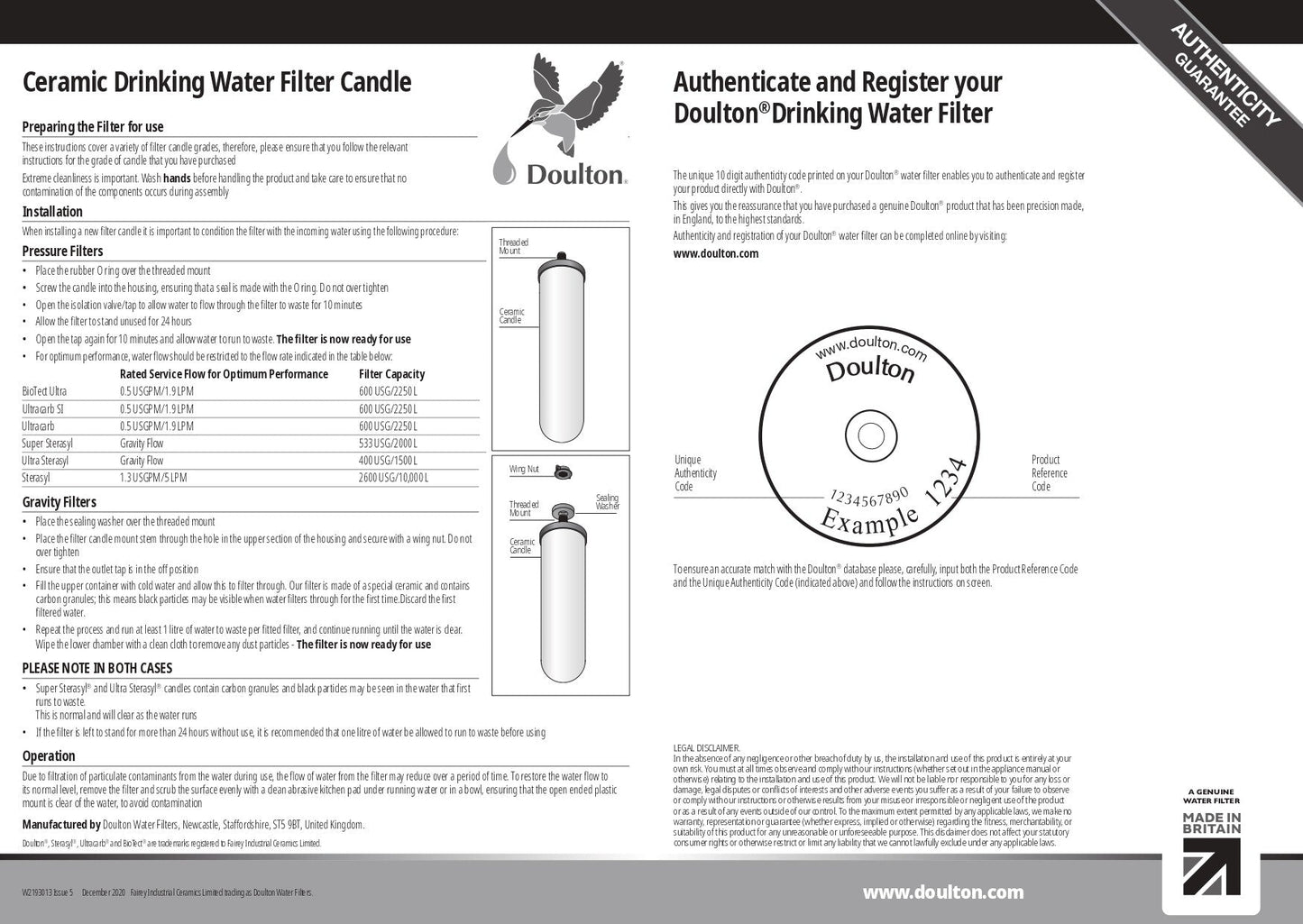 Doulton Countertop Water Purifier Systems W9331038 made in UK - WATER FILTER DISTRIBUTORS