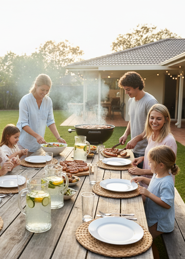 family enjoying a bbq in the backyard preparing the table with fresh clear water on the table and everyone is happy