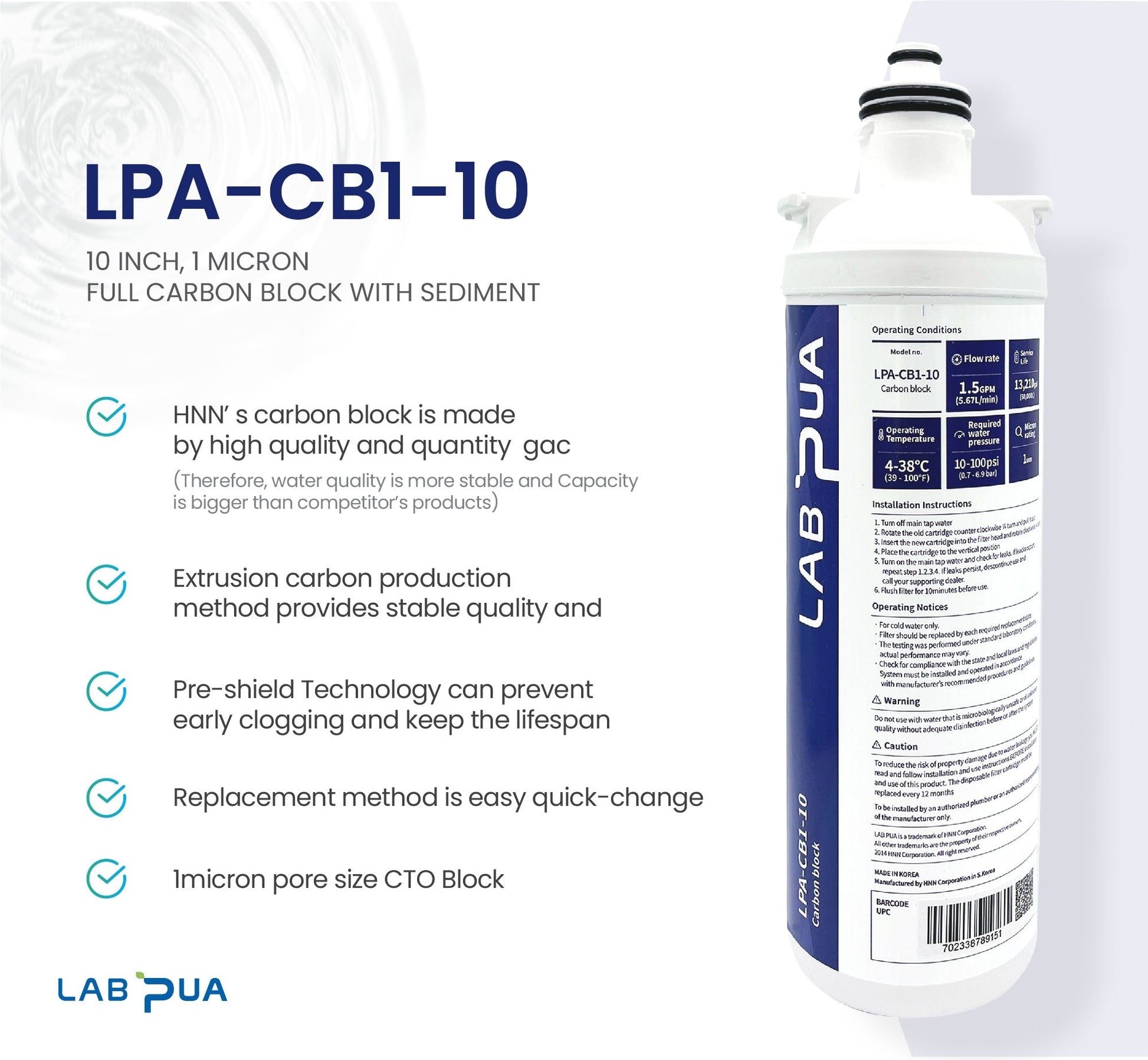 Lab Pua Residential Water Filter LPA - CB1 - 10 1 MICRON FULL CARBON BLOCK WITH SEDIMENT - WATER FILTER DISTRIBUTORS