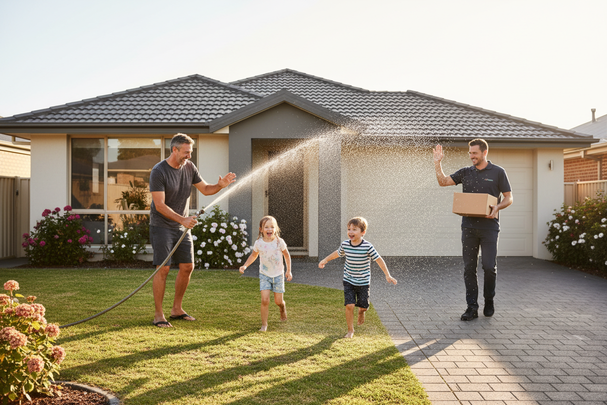 Middle aged father playing with his children by spraying water on them, while the children running playfully thrhough it. The father at the same time waving and acknowledging the delivery man (male) who is dropping off a package in the background and walking towards the Australian house on the driveway.