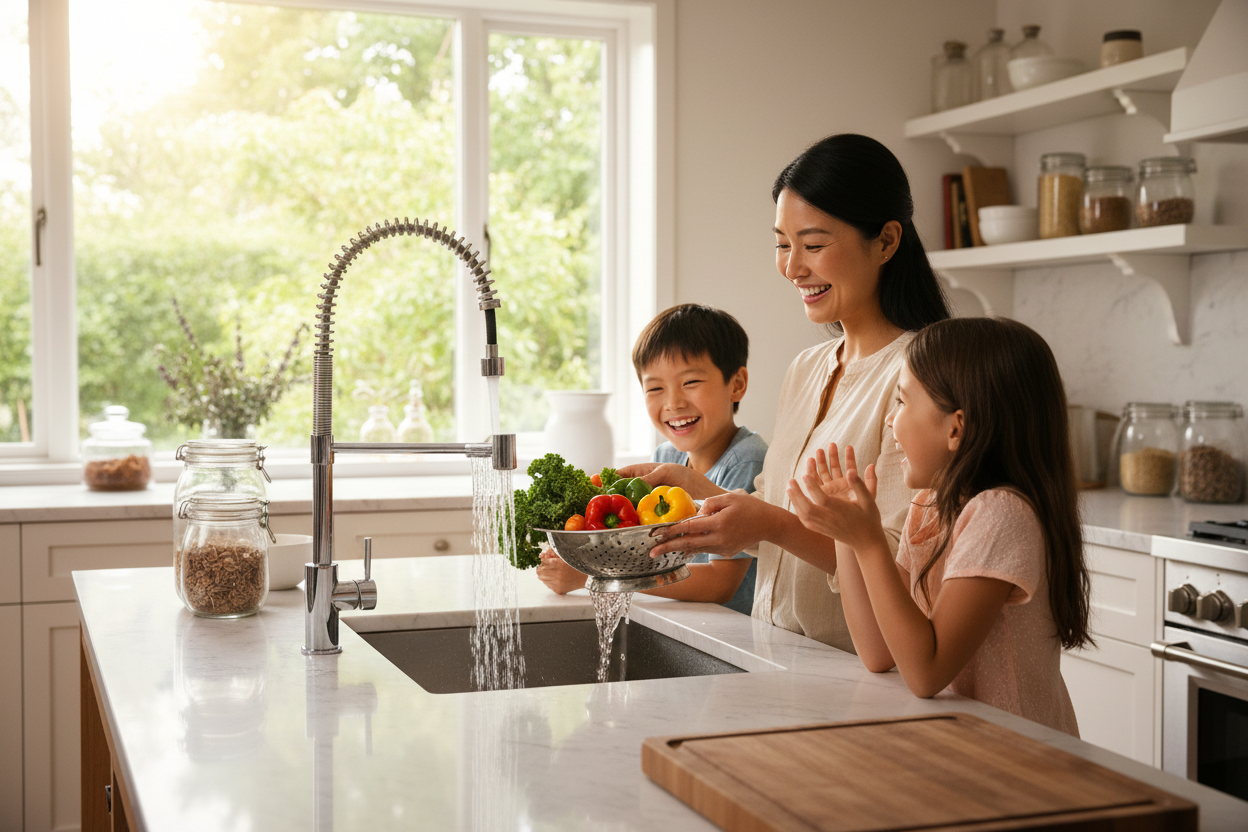 mother of asian heritage cooking food using clean pure filtered kitchen water to wash vegetables while chatting happily to her children