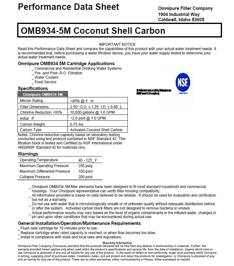 Omnipure 2.5" x 10" 5 Micron Carbon Block Filter OMB934 5 MIC - WATER FILTER DISTRIBUTORS