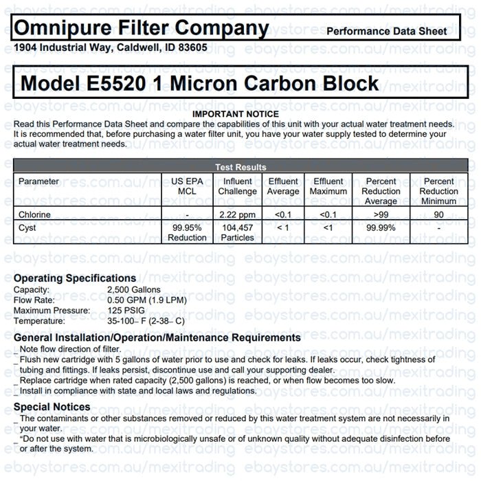 Omnipure E5520 - SB E - Series 2.5" x 10" 1 Mic Carbon Block Filter with Cyst Reduction - WATER FILTER DISTRIBUTORS