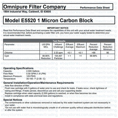 Omnipure E5520 - SB E - Series 2.5" x 10" 1 Mic Carbon Block Filter with Cyst Reduction - WATER FILTER DISTRIBUTORS