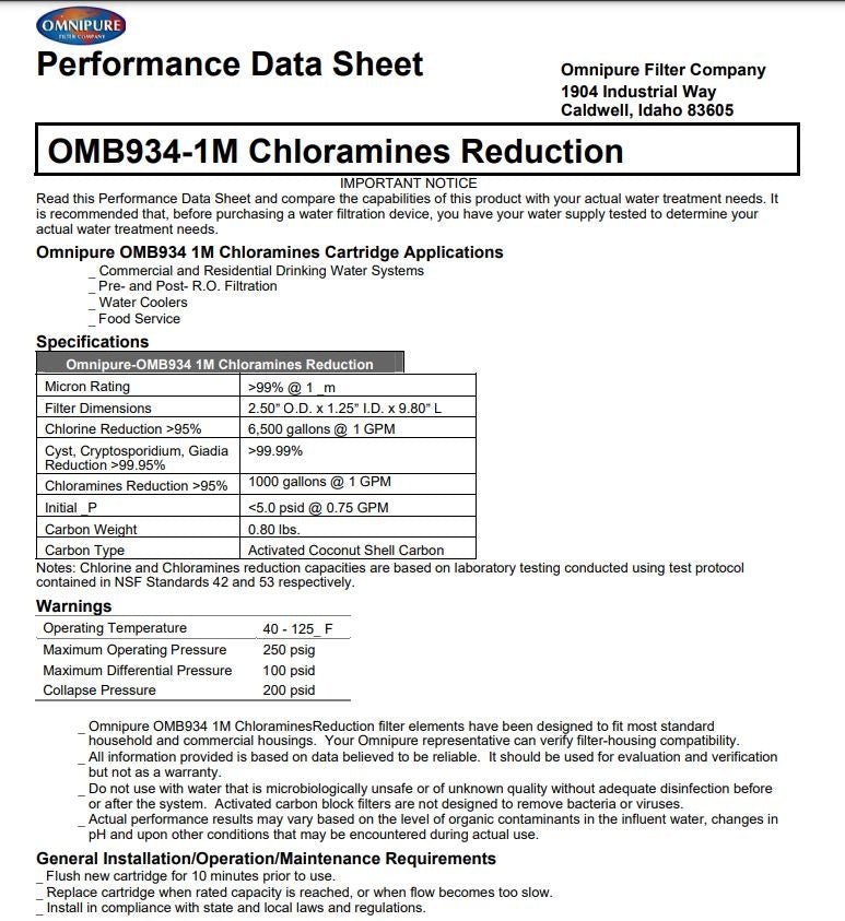 Omnipure OMB934 1Micron with Chloramine removal - WATER FILTER DISTRIBUTORS