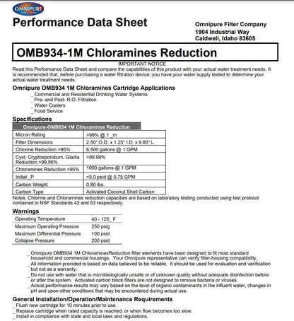 Omnipure OMB934 1Micron with Chloramine removal - WATER FILTER DISTRIBUTORS