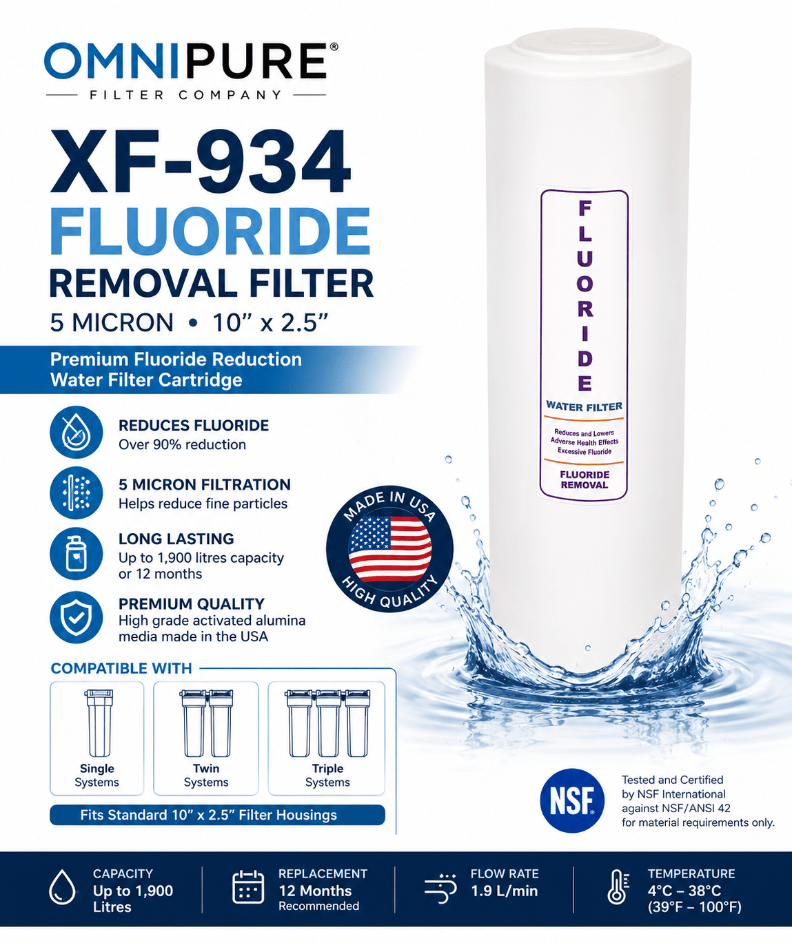 Omnipure XF934 Fluoride Water Filter Replacement 5 Micron for Under Sink & Countertop Systems - WATER FILTER DISTRIBUTORS