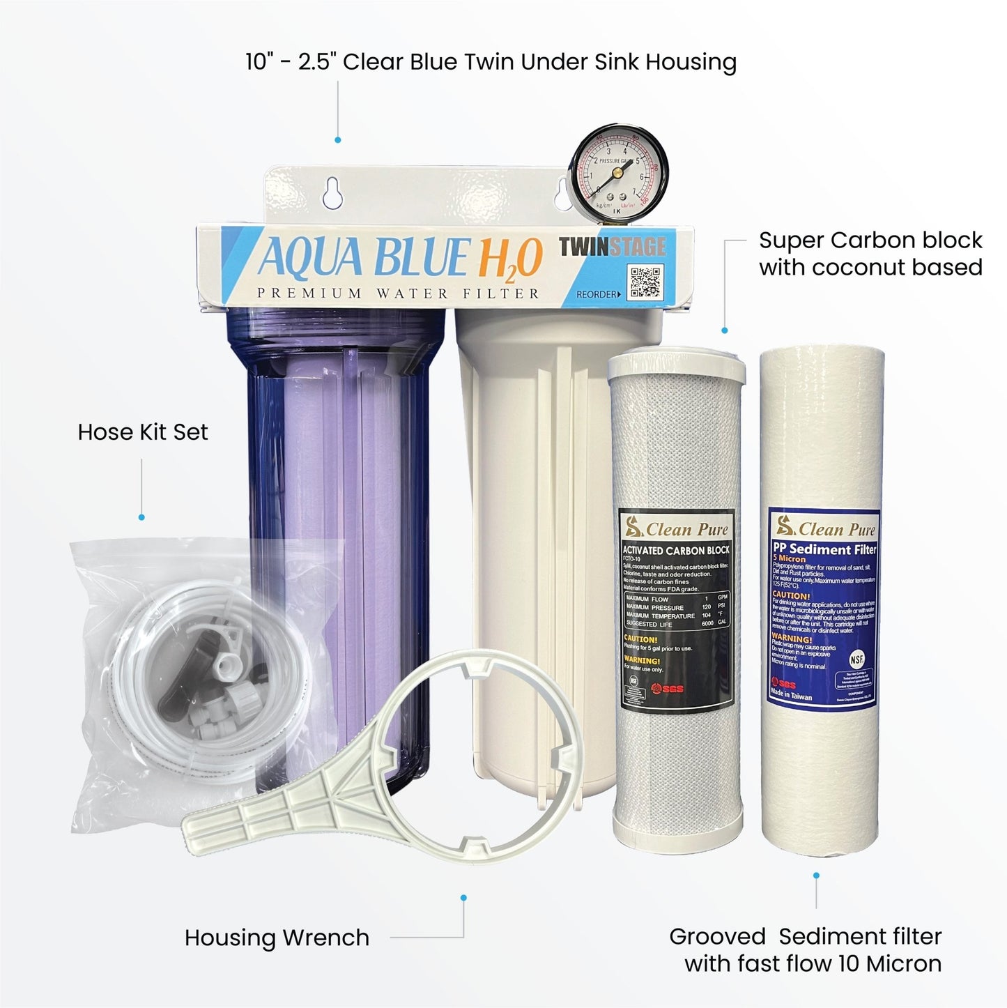Twin Under Sink Housing Upgrade Kit Only 10" with Faucet and Hose Kit - WATER FILTER DISTRIBUTORS