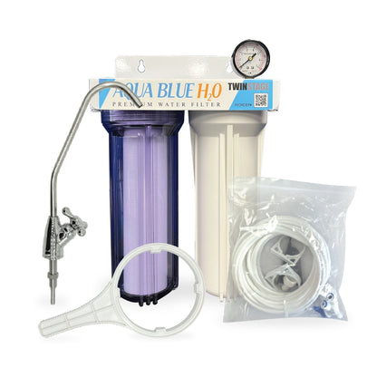 Twin Under Sink Housing Upgrade Kit Only 10" with Faucet and Hose Kit - WATER FILTER DISTRIBUTORS