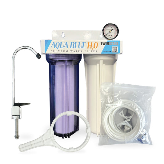 Twin Under Sink Housing Upgrade Kit Only 10" with Faucet and Hose Kit - WATER FILTER DISTRIBUTORS