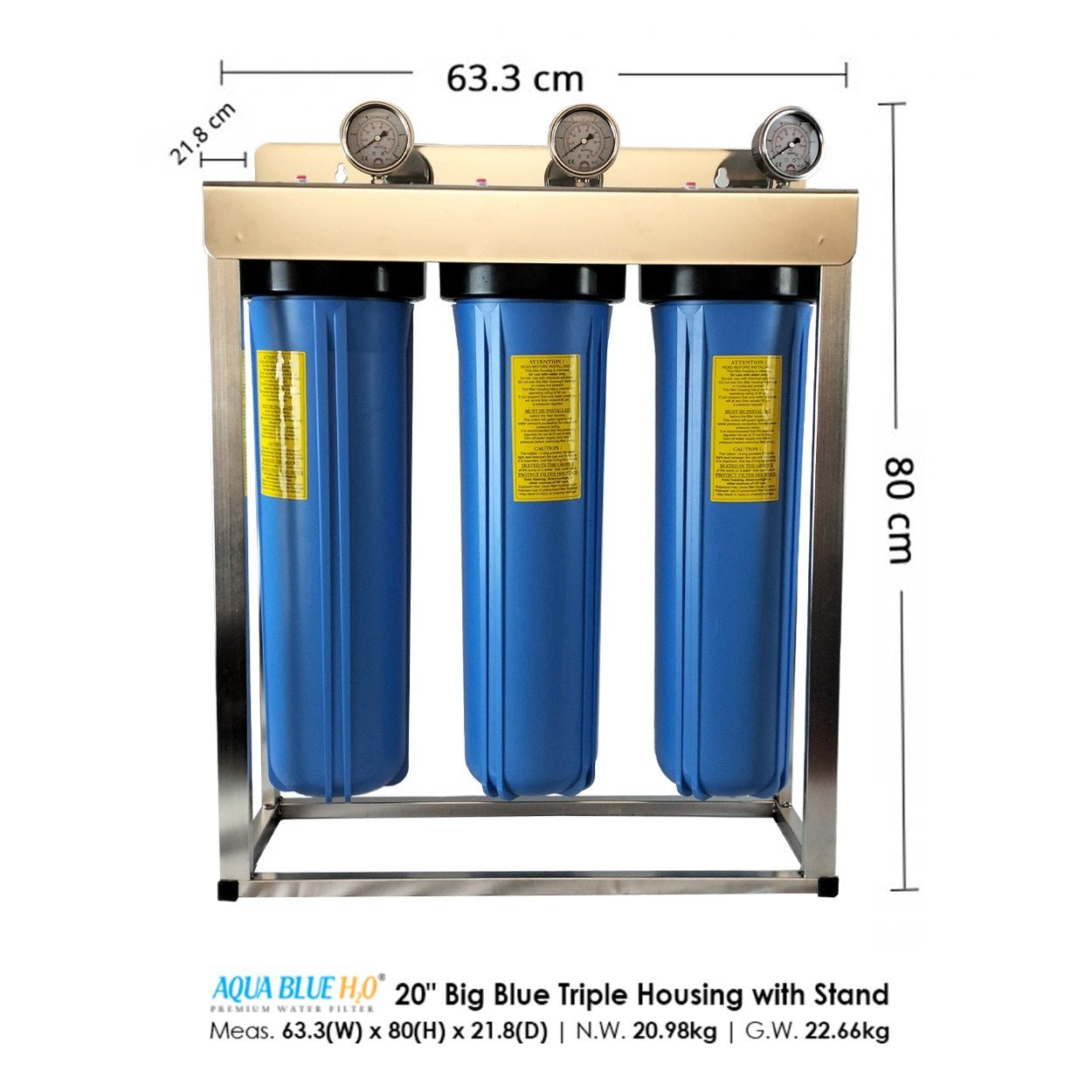 Whole House filter 20" x 4.5" TRIPLE Water System Stainless Steel Free Standing Option - WATER FILTER DISTRIBUTORS