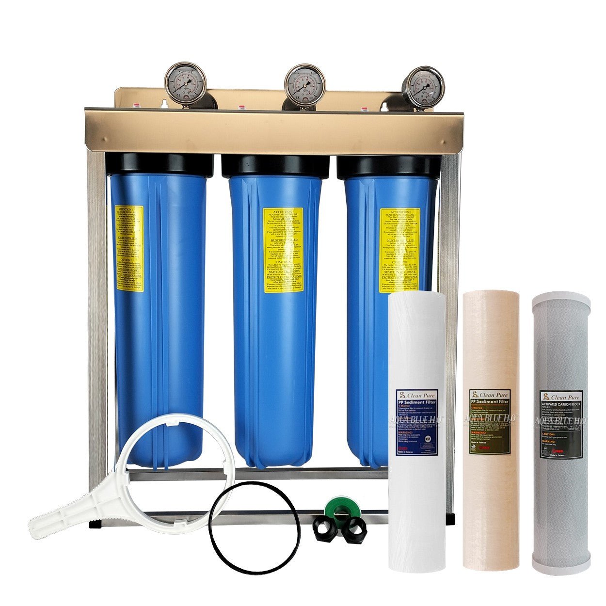 Whole House filter 20" x 4.5" TRIPLE Water System Stainless Steel Free Standing Option - WATER FILTER DISTRIBUTORS
