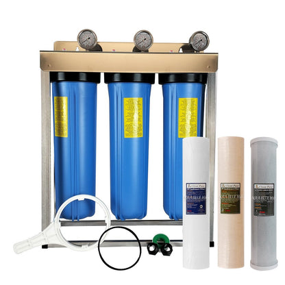 Whole House filter 20" x 4.5" TRIPLE Water System Stainless Steel Free Standing Option - WATER FILTER DISTRIBUTORS