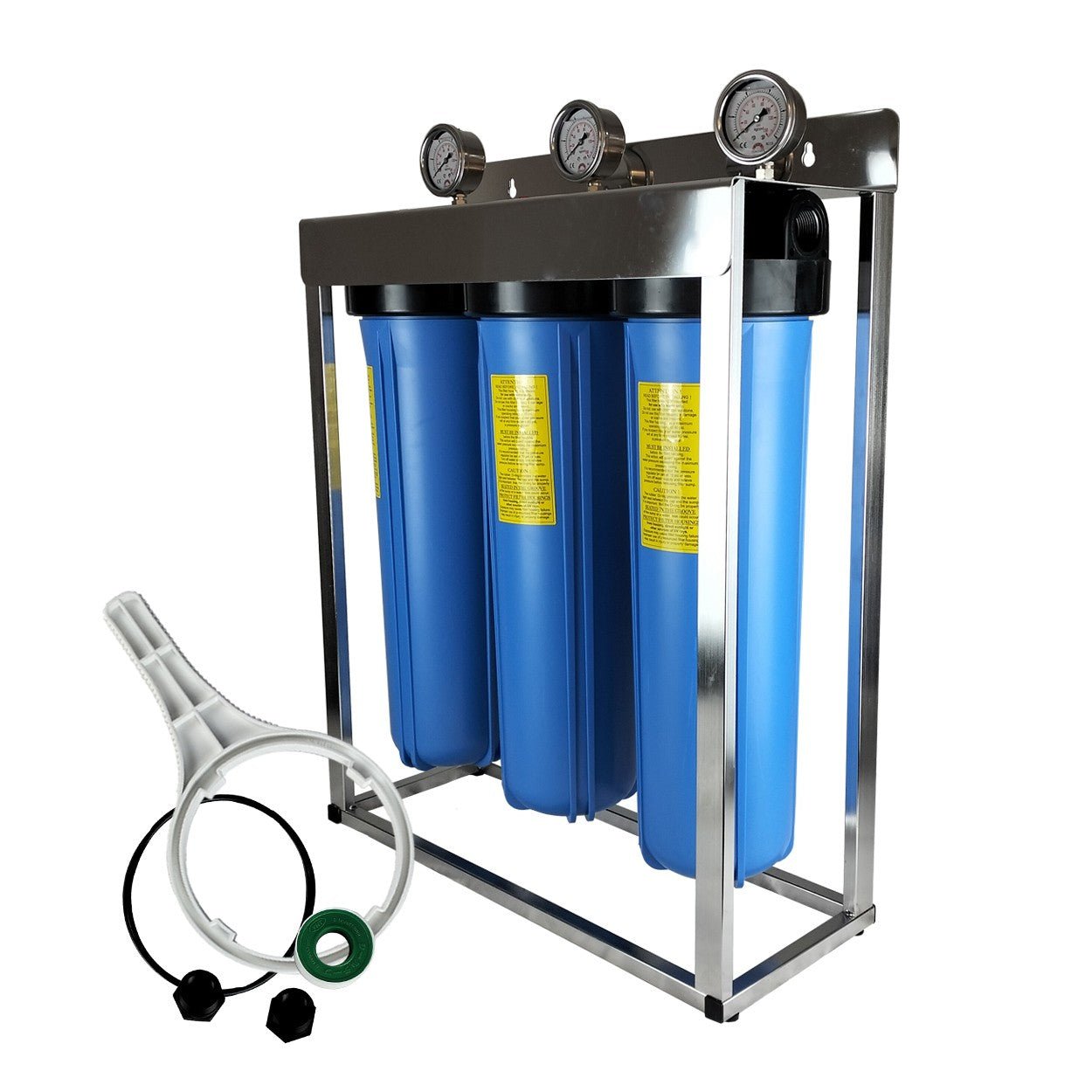 Whole House filter 20" x 4.5" TRIPLE Water System Stainless Steel Free Standing Option - WATER FILTER DISTRIBUTORS