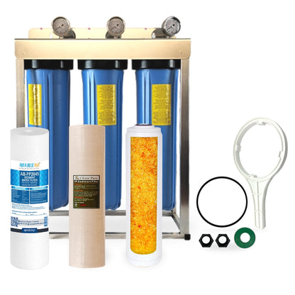 Whole House filter 20" x 4.5" TRIPLE Water System Stainless Steel Free Standing Option - WATER FILTER DISTRIBUTORS