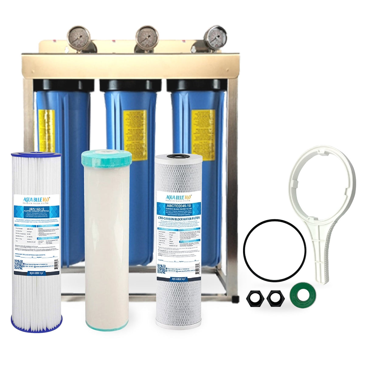 Whole House filter 20" x 4.5" TRIPLE Water System Stainless Steel Free Standing Option - WATER FILTER DISTRIBUTORS