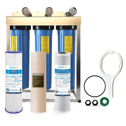 Whole House filter 20" x 4.5" TRIPLE Water System Stainless Steel Free Standing Option - WATER FILTER DISTRIBUTORS