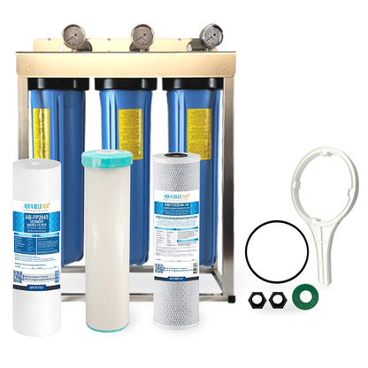 Whole House filter 20" x 4.5" TRIPLE Water System Stainless Steel Free Standing Option - WATER FILTER DISTRIBUTORS
