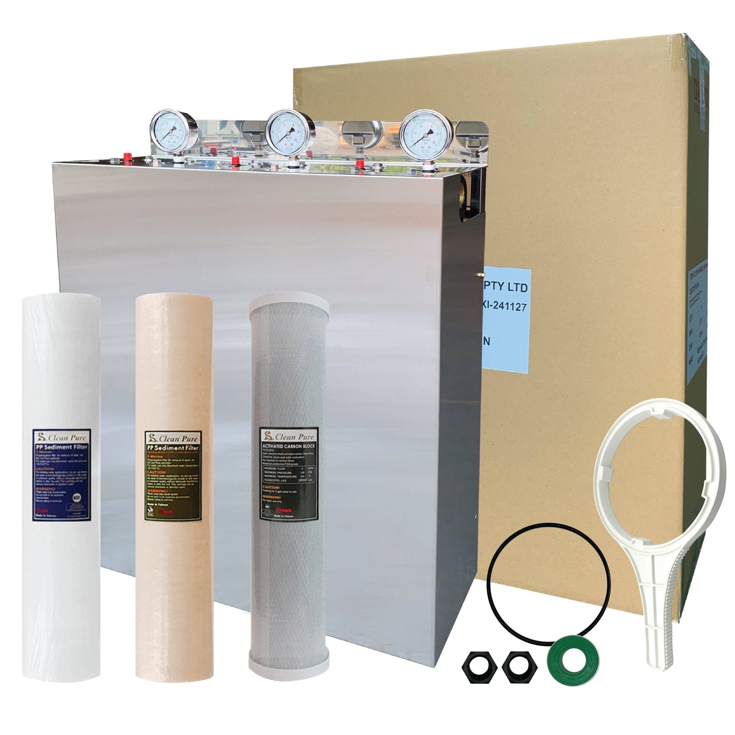 Wholehouse water system High Performance Triple Stage with Stainless Steel cover Watermarked - WATER FILTER DISTRIBUTORS