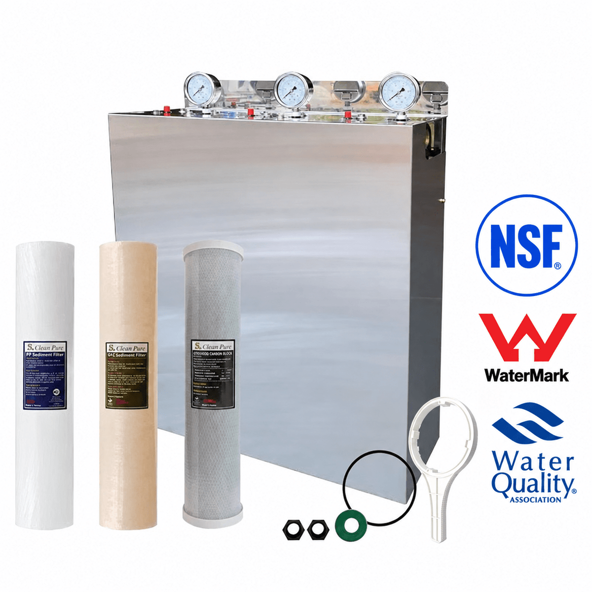 Wholehouse water system High Performance Triple Stage with Stainless Steel cover Watermarked - WATER FILTER DISTRIBUTORS